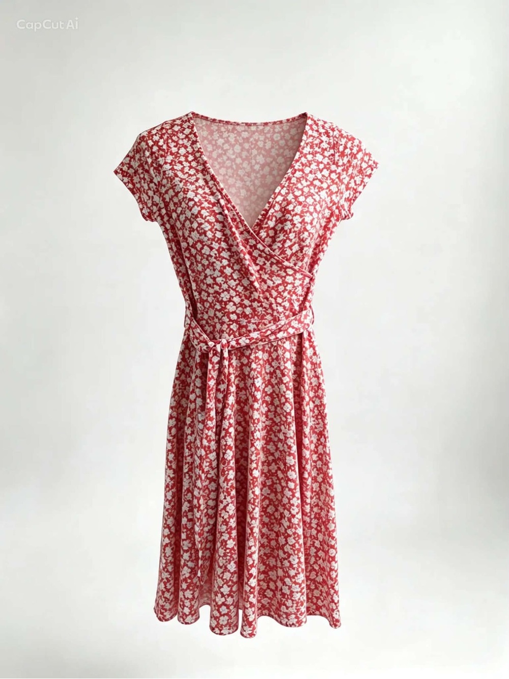 Red Floral Wrap Dress with Tie Waist